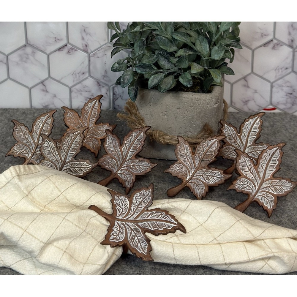 Copper White Washed Maple Leaf Napkin Rings w/Ribbed Loops Set of 8